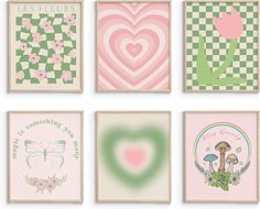 six framed art prints in pastel pink, green, and white with different designs