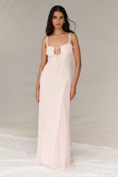 Saira Chiffon Maxi Dress - Powder Pink Delicate Fitted Bodice Sleeveless Dresses, Feminine Bridesmaid Midi Dress With Ruffles, Delicate Sleeveless Dress With Fitted Bodice, Feminine Bridesmaid Dresses With Ruffled Straps, Summer Wedding Chiffon Dress With Ruched Bodice, Feminine Sleeveless Chiffon Dress With Ruffles, Elegant Dresses With Ruched And Ruffled Straps, Feminine Fitted Maxi Chiffon Dress, Sleeveless Ruffled Chiffon Dress For Wedding Guest