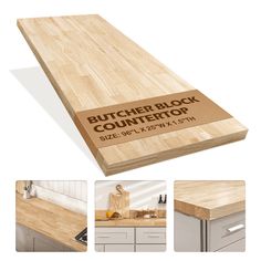 a butcher block counter top with the words butcher block countertop printed on it and pictures of kitchen cabinets