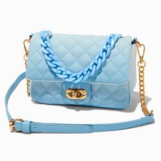 This crossbody purse features a gold-tone buckle that opens wide for easier access to your essentials. The ombre bag is decorated all over with a quilted design, and comes with a gold-tone chain and crossbody strap.8W x 6H x 2D in.20.32W x 15.24H x 5.08D cm.Hardware Finish: Gold-toneClosure: BuckleMaterial: PU - Claire's Blue Ombre Quilted Crossbody Bag Chic Blue Quilted Bag, Chic Blue Quilted Shoulder Bag, Blue Quilted Crossbody Bag, Trendy Blue Quilted Bag, Ombre Bag, Purse For Teens, Piercing Kit, Blue Handbags, Blue Purse