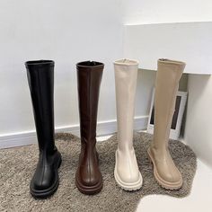 New Women Knee High Boots Autumn Winter Female Platform PU Leather Long Boots - GG,5 Waterproof Brown Martin Boots For Fall, Fall Outdoor Martin Boots In Faux Leather, Fall Outdoor Faux Leather Martin Boots, Brown Faux Leather Knee-high Boots For Winter, Leather Knee-high Boots With Flat Heel For Winter, Wide Calf Polyurethane Knee-high Boots With Round Toe, Trendy Leather Knee-high Boots For Winter, Trendy Winter Knee-high Polyurethane Boots, Round Toe Knee-high Boots For Fall Outdoor Activities