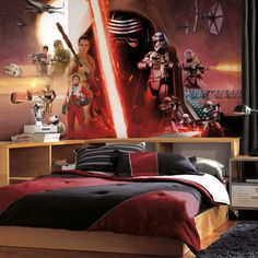 a star wars themed bedroom with darth vader and other characters on the wall