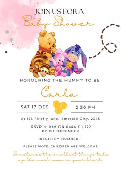 a baby shower is shown with winnie the pooh and tiggers on it