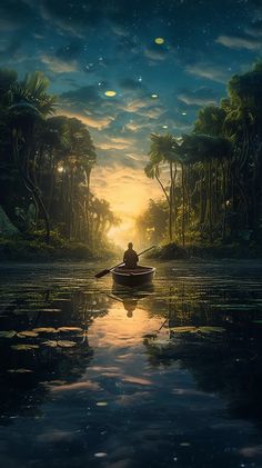 a person in a boat on a body of water with palm trees and the sun setting