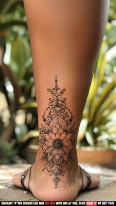 a woman's foot with a flower tattoo on the side of her leg,