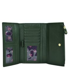 This day-to-night clutch wallet is crafted in soft full-grain leather in a dark forest green color. It is a perfect plus one for your bag or a standout on its own. Details Hand painted original artwork. Genuine leather exterior and trim. Snap button entry. Eight credit card holders, three ID Window, three multipurpose slip in pockets. Zippered pocket at edge. Rear zippered pocket with gusset. Dimensions Width: 7.5”/19cm Height: 4.25”/10.75cm Weight: 0.34Lbs./0.15Kgs. Green Travel Wallet With Coin Pocket, Green Leather Wallet With Card Slots, Green Wallets With Coin Pocket, Modern Green Travel Wallets, Modern Green Travel Wallet, Green Wallet With Card Slots For Formal Occasions, Green Leather Travel Wallet, Elegant Green Wallets With Card Slots, Formal Green Wallet With Card Slots