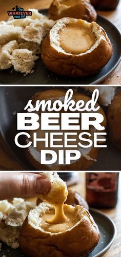 two pictures showing how to make snoozed beer cheese dip in bread bowls