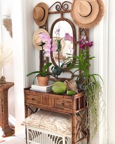 a wooden table topped with a mirror and lots of plants