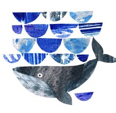 a drawing of a whale with blue waves coming out of it's back end