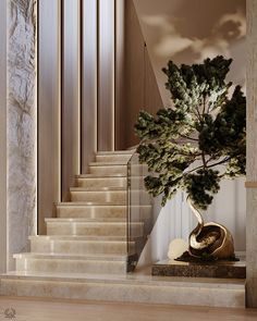 a tree in a vase sitting on top of a table next to a stair case