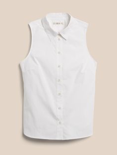 Crafted for comfort, our versatile Riley shirt is tailored to flatter with special darts at the bust and back, crafted in a stretch cotton poplin, now in a sleeveless version for warm-weather style.  RILEY FIT: Our tailored fit with angled darts at t Sleeveless Shirt, Vest Dress, Cotton Poplin, Banana Republic, Stretch Cotton, Warm Weather, White Stripe, Sleeveless Top, Women's Top