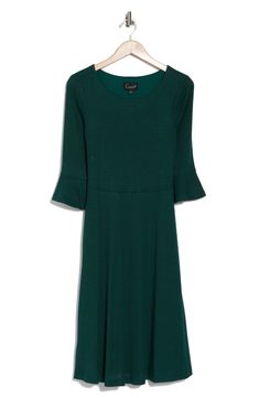 Perfect to dress up or down, this soft ribbed midi dress is fashioned in a graceful A-line silhouette and framed by three-quarter bell sleeves. 44" length (size 8) Slips on over head Jewel neck Three-quarter sleeves Lined 95% polyester, 5% spandex Machine wash, dry flat Imported Steve Madden Sneakers, Ribbed Midi Dress, Sweaters And Leggings, Comfortable Sandals, Short Suit, Comfortable Dress, Baby Size, Three Quarter Sleeves, Tie And Pocket Square