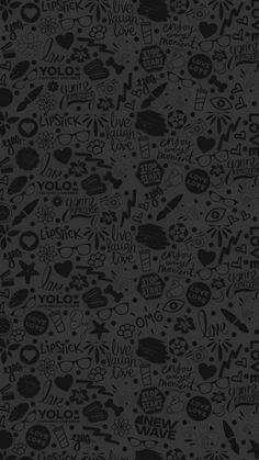 black and white wallpaper with lots of different types of writing on it's surface