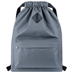 a gray backpack with black straps on the front and side pockets, sitting against a white background