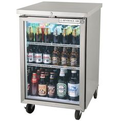 a mini fridge filled with lots of different types of beer and sodas on wheels