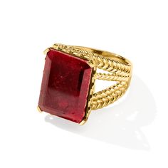 Ross-Simons - 15.00 Carat Ruby Multi-Row Ring in 18kt Gold Over Sterling. Size 5. An RS exclusive. Every fine wardrobe deserves a ruby! The eye-catching 15.00 carat emerald-cut jewel is set in 18kt yellow gold over sterling silver, on a captivating multi-row braided band. 5/8" wide. Ruby multi-row ring. Ruby birthstones are the perfect gift for July birthdays. Classic Evening Ruby Jewelry, Luxury Polished Finish Ruby Ring For Formal Occasions, Formal Ruby Ring With Diamond Cut In Yellow Gold, Luxury Yellow Gold Ruby Ring With Lab-created Ruby, Formal Yellow Gold Ruby Ring With Polished Finish, Luxury Gold Ruby Ring With Vs Clarity, Gold Ruby Ring With Emerald Cut For Formal Events, Luxury Formal Ring With Lab-created Ruby, Formal Yellow Gold Ruby Ring