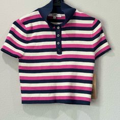 Madden Nyc Pink, Navy Blue, And White Striped Polo With Buttons. Soft Sweater Material. Never Worn And Tag Still On Casual Striped Collared Tops, Trendy Blue Top With Striped Collar, Multicolor Short Sleeve Top With Striped Collar, Multicolor Short Sleeve Tops With Striped Collar, Casual Multicolor Tops With Striped Collar, Pink Short Sleeve Top With Striped Collar, Fitted White Tops With Striped Collar, Trendy Crew Neck Top With Striped Collar, Striped Collared Tops For Day Out