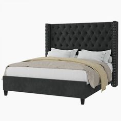 a bed with a black headboard and foot board is shown against a white background