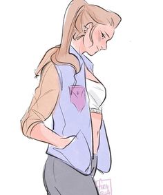 a drawing of a woman with long blonde hair wearing a blue shirt and grey pants