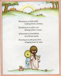 a children's book with an illustration of two people holding umbrellas and the words morning is a little child waking from a dream