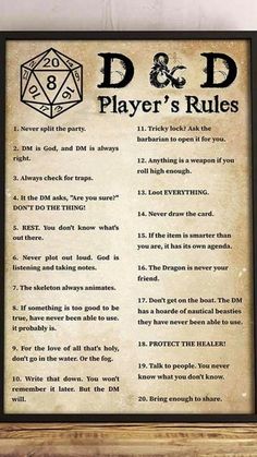 a framed poster with the words d & d players rules