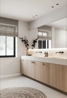 a bathroom with a rug, sink and large mirror in it's center area