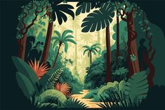 an image of a jungle scene with palm trees and other tropical plants in the foreground