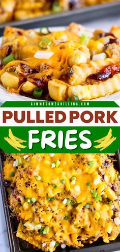 Make way for the best party snack idea! These Pulled Pork Fries is an easy appetizer recipe that starts with French fries with pulled pork, BBQ sauce, onions, and cheese. It also makes the best Gameday recipe! Pulled Pork Fries Recipe, Pulled Pork Fries, Fries For Dinner, Pork Bbq Sauce, Green Onions Recipes, Pulled Pork Pizza