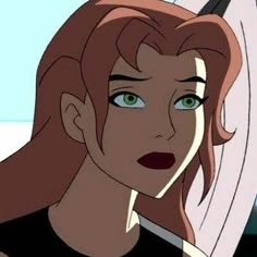 an animated image of a woman with brown hair and green eyes looking at the camera