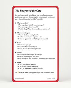 the dragon & the city card game is shown in red and white with black writing on it