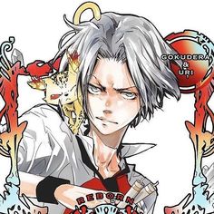 an anime character with white hair and blue eyes holding a red object in his hand