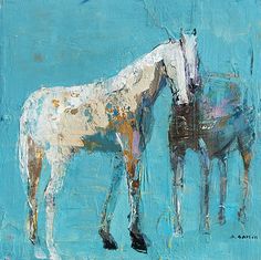 two horses standing side by side in front of a blue background with white and brown paint