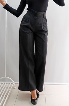 Double Belt Wool Trousers High Waist Trousers Wide Leg - Etsy Black Wool Wide Leg Office Pants, Pinstripe Business Bottoms With Belt Loops, Formal Pinstripe Bottoms With Belt Loops, Pinstriped Wide-leg Pants For Business Casual, Pinstripe Wide-leg Pants For Business Casual, Pinstripe Wide Leg Bottoms For Business Casual, Fall Pinstripe Wide Leg Bottoms, High Waist Pleated Formal Pants, Pinstripe Workwear Pants With Belt Loops