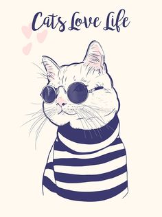 a white cat wearing sunglasses with the words cats love life