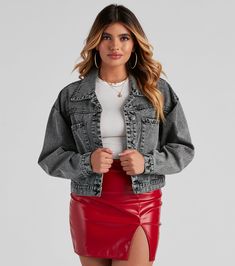 With this denim jacket, it'll take less time to put together a fab outfit! It features a trendy oversized silhouette, long sleeves with button cuffs, a collar neckline, a front button-down placket, big front pockets, and button tab accents along the cropped hem. Complete the look in a sleek faux leather skirt.Fit & FeaturesLong sleeves, button cuffs, collar necklineFront button-down placketBig front pocketsCropped hem with tab button accentsOversized silhouetteAcid wash denim fabricFits true to size Trendy Stretch Button-up Outerwear, Edgy Button-up Denim Jacket For Spring, Fall Stretch Denim Jacket With Pockets, Stretch Denim Winter Jacket, Winter Stretch Denim Jacket With Pockets, Stretch Winter Denim Jacket, Stretch Denim Outerwear For Fall, Edgy Stretch Outerwear For Spring, Trendy Stretch Denim Jacket With Pockets