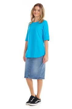 The Esteez elbow sleeve cotton tunic top is a versatile, lightweight shirt, with a loose fit. Its pretty cuff sleeve, and rounded hem is feminine and flattering for all body types. A perfect t-shirt for all day comfort and style. Pair it with a cute skirt or a pair of jeans and you have got a winning casual outfit. Crew neck is modest but will not feel ‘chokey’ Esteez blend of fabric is very soft with a good stretch True to size t-shirt Machine wash cold, hang/line to dry Models are 5’5" and 5'7 Cotton Tunic Tops, Cotton Tunic, Cute Skirt, Women Best, Top For Women, Elbow Sleeve, Good Stretches, Cute Skirts, Ocean Blue