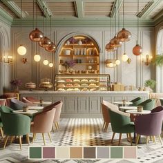 the interior of a restaurant with pastel colors