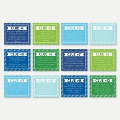 a set of nine blue and green labels with the names of different clubs on them