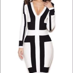 Black And White Bandage House Of Cb Dress. Form Fitting And Flattering White Bodycon Midi Bandage Dress, White Knee-length Bodycon Bandage Dress, White Knee-length Bandage Dress For Night Out, White Midi Bandage Dress For Evening, White Midi-length Bandage Dress For Evening, Fitted White V-neck Midi Dress, White Knee-length Bandage Dress For Spring, Spring White Knee-length Bandage Dress, Chic White Bandage Dress For Night Out