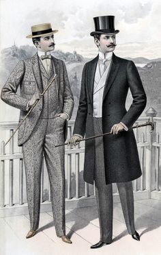 (1890 - 1910)  Full Line of Men's Edwardian Style Clothing.  Everything a gentleman needs, from head to toe.  Hats, coats, shirts, ties, shoes, trousers and beautiful vests. 1900 Fashion, 1890s Fashion, Gentleman Outfit, Class Outfit, Jordan Sneaker, Top Hats, Edwardian Era, Edwardian Fashion