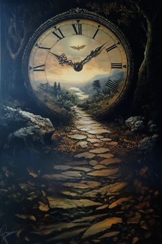 a painting of a clock in the middle of a forest with a path leading to it