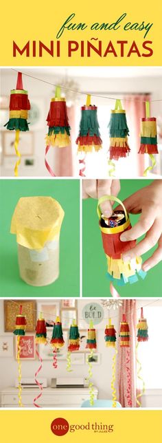 the instructions for making mini pinatas are shown in different colors and sizes, including yellow