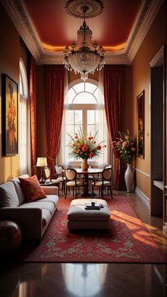 a living room filled with furniture and a chandelier hanging from the ceiling next to a window