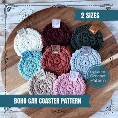 six crochet coasters on a wooden board with the words boho car coaster pattern