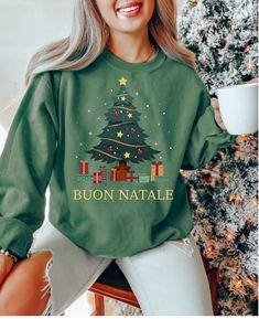 Buon Natale Sweatshirt, Buon Natale Shirt, Cute Italian Merry Christmas Sweatshirt, Christian Christmas Shirt Casual Christmas Cotton Sweatshirt, Casual Cotton Christmas Sweatshirt, Casual Holiday Sweatshirt With Graphic Print, Casual Graphic Print Sweatshirt For Holiday, Casual Graphic Print Holiday Sweatshirt, Holiday Long Sleeve Tops As Gifts, Holiday Long Sleeve Tops As A Gift, Casual Christmas Sweatshirt With Letter Print, Casual Long Sleeve Christmas T-shirt