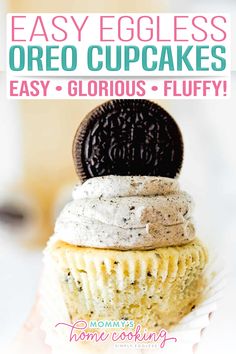 an oreo cupcake is stacked on top of each other with the words easy eggless oreo cupcakes