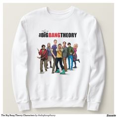 the big bang theory sweatshirt is shown on a white sweater with an image of people standing in