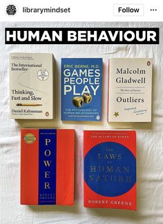 three books are sitting on top of a white sheet with the words, human behavour