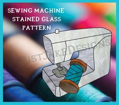 sewing machine stained glass pattern with thread and spools on blue background text reads sewing machine stained glass pattern