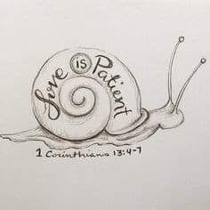 a drawing of a snail with the words love is patient on it's shell